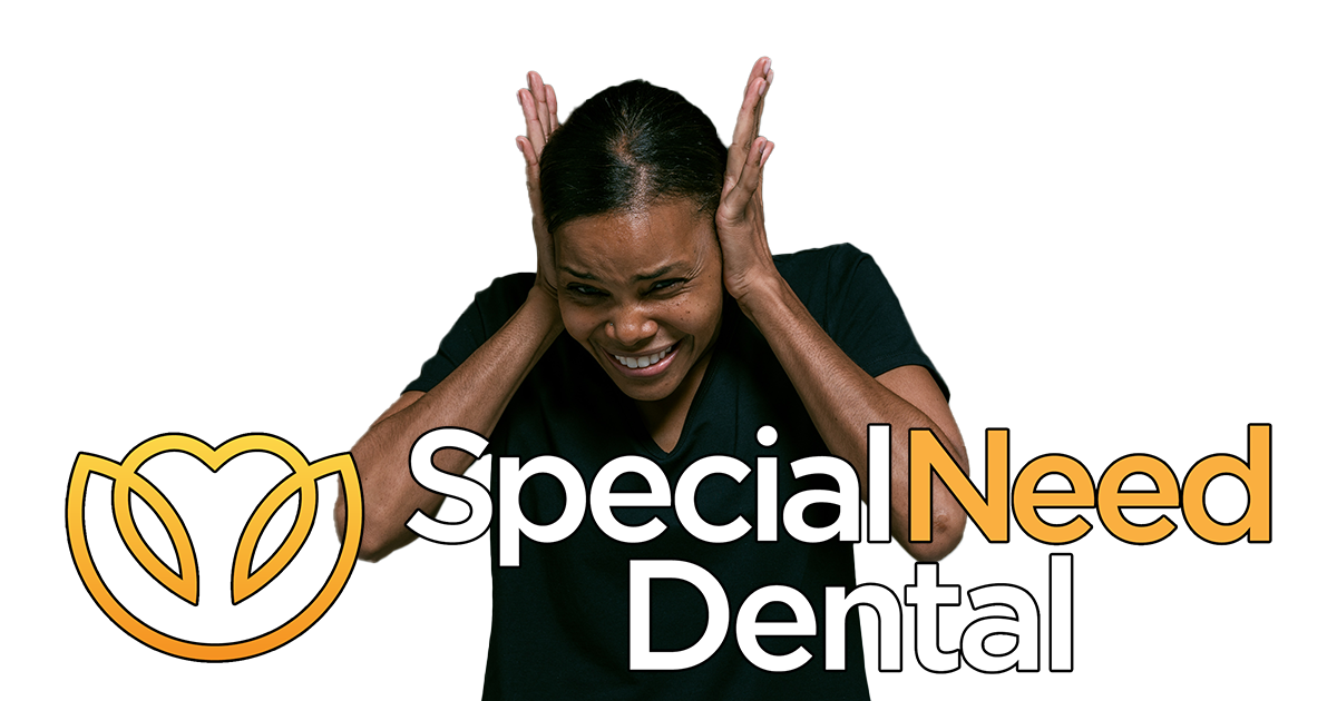 frustrated trying to find an autism-friendly dentist in texas? come to special need dental. this picture is of an autistic woman covering her ears and the logo for special need dental.