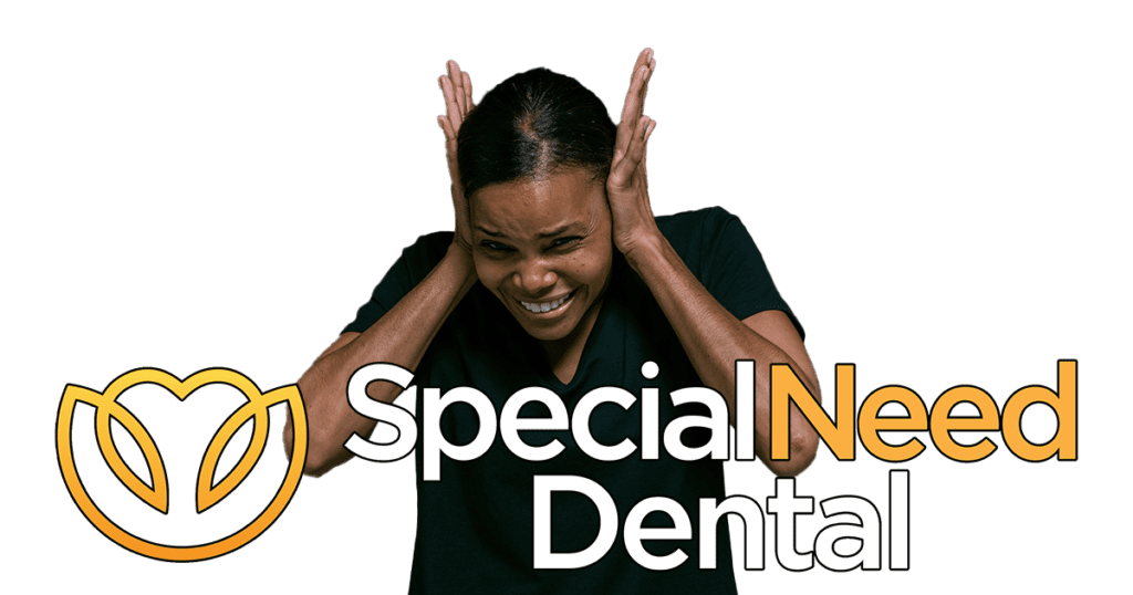 encontrar un dentista para personas con autismo es difícil. acude a special need dental. esta imagen muestra a una mujer con autismo tapándose los oídos y el logotipo de special need dental.