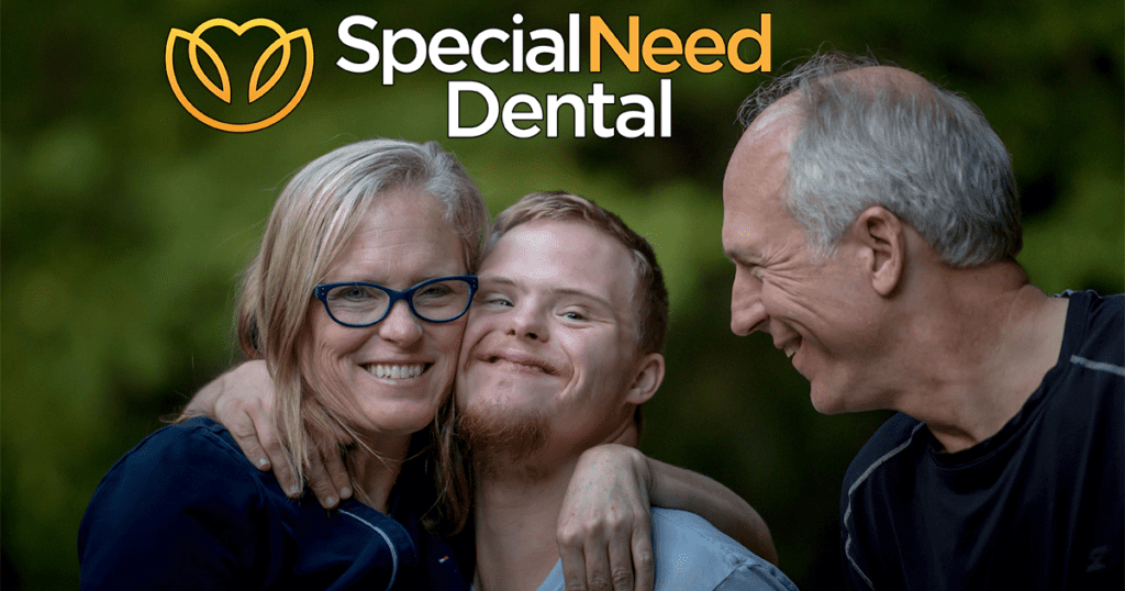 this is a photo of a family with a son who has down syndrome. illustrates an article about people with disabilities. It has the logo for Special Need Dental.