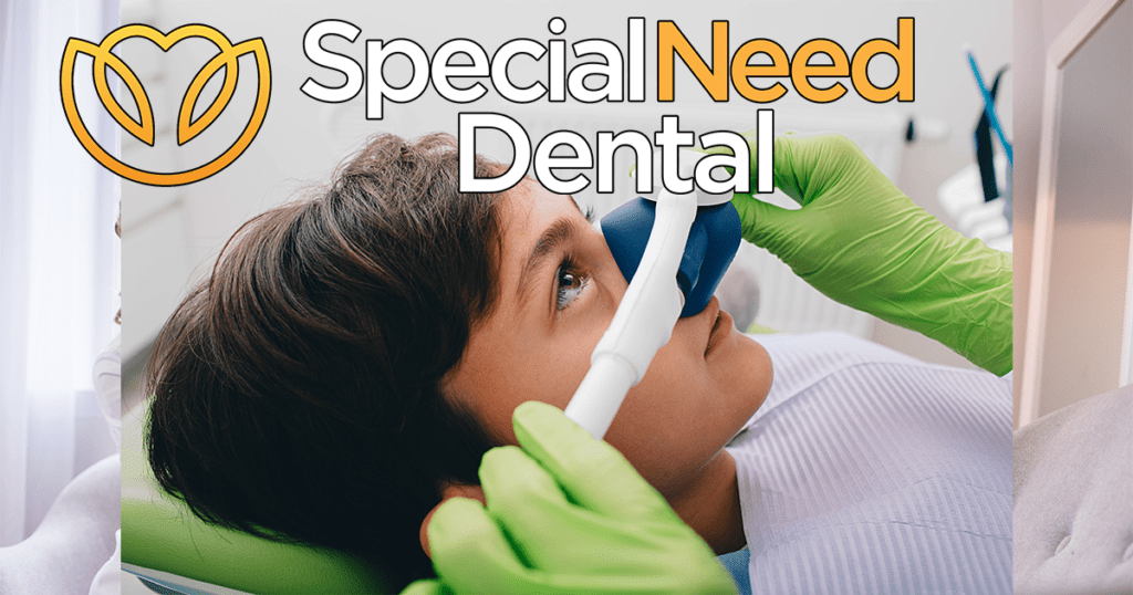 boy getting general anesthesia at the dentist while looking up at the logo for special need dental
