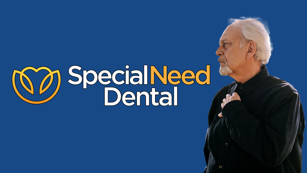 a man with angina looking at the logo for special need dental