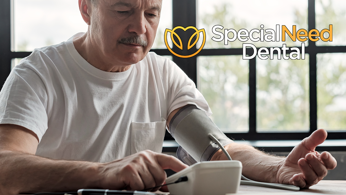 a man checking his high blood pressure and the logo for special need dental