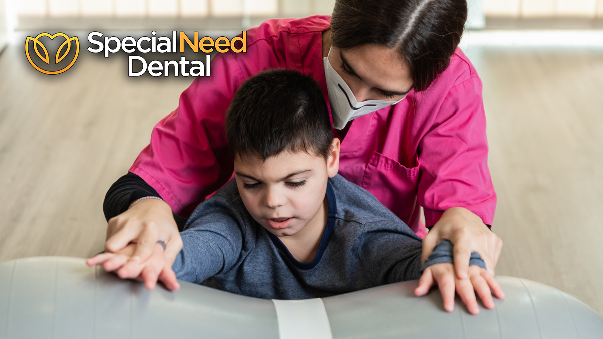 a boy with an intellectual disabilities receives therapy through the HCS Waiver Program in Texas. This photo features the logo for Special Need Dental.